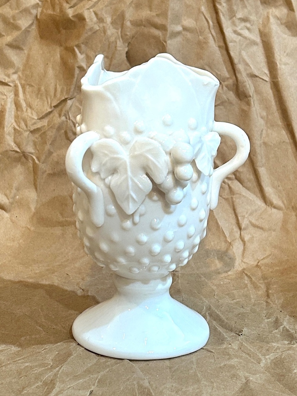 Mid Century Amphora Hobnail Milk Glass Vase Applied Handles Grapes Leaves